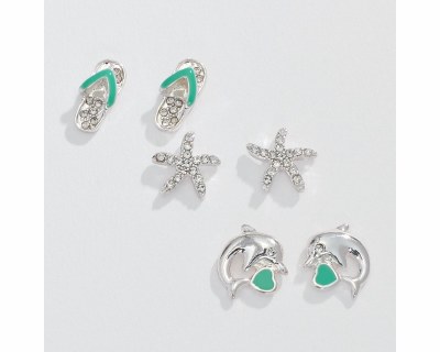 Set of Three Silver Toned and Green Sea Life Earrings