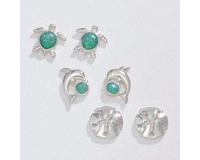 Set of Three Silver Toned and Green Glitter Sea Life Earrings