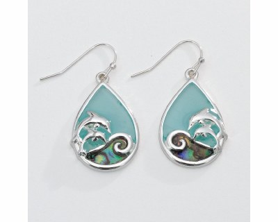 Silver Toned and Abalone Dolphin Wave Earrings