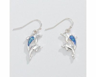 Silver Toned and Blue Dolphin With Baby Earrings
