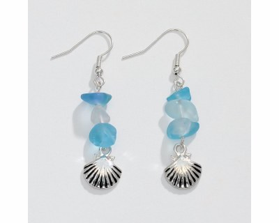Silver Toned and Blue Scallop Shell Earrings