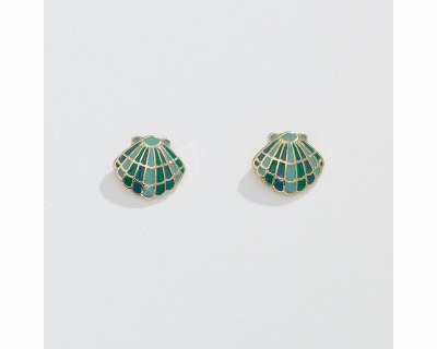 Gold Toned and Green Scallop Shell Earrings