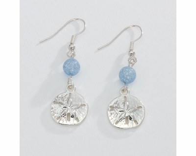 Silver Toned and Blue Beads Sand Dollar Earrings