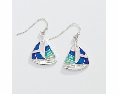Silver Toned and Two Toned Blue Sailboat Earrings