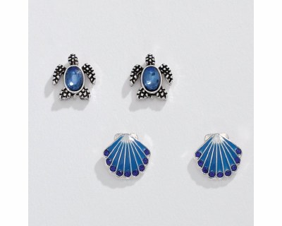 Set of Two Silver Toned and Blue Sea Turtle and Scallop Shell Earrings