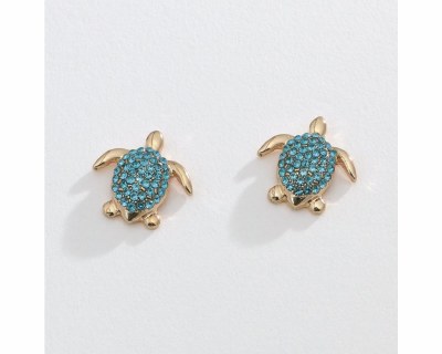 Gold Toned and Aqua Bling Sea Turtle Earrings