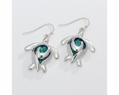 Silver Toned and Blue Swirl Sea Turtle Earrings