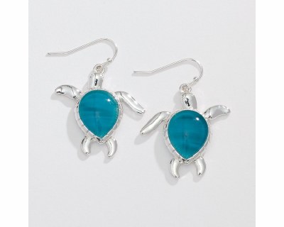 Silver Toned and Ocean Blue Sea Turtle Earrings