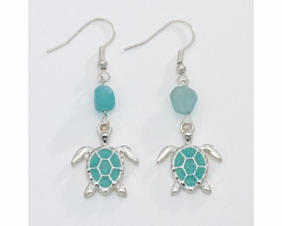 Silver Toned and Aqua Sea Turtle Drop Earrings