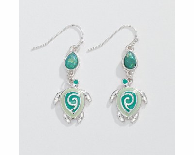 Silver Toned and Two Toned Green Sea Turtle Swirl Earrings