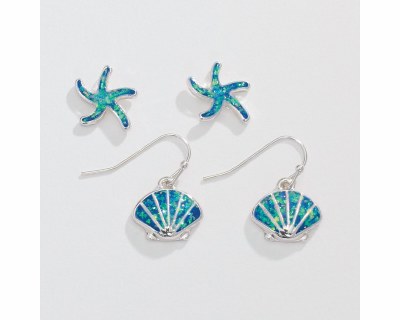 Set of Two Silver Toned and Blue Starfish and Scallop Shell Earrings