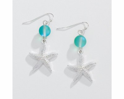 Silver Toned Starfish and Green Beads Earrings