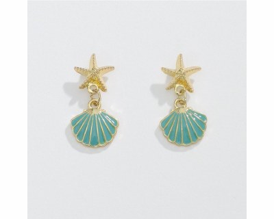 Gold Toned and Green Starfish and Scallop Shell Earrings