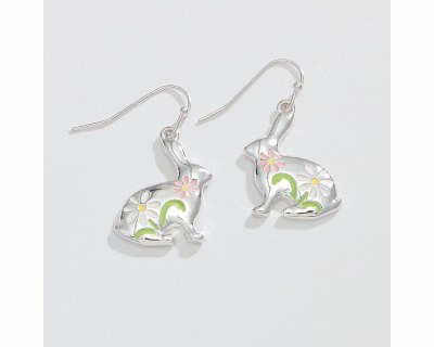 Silver Toned Bunny With Flowers Earrings