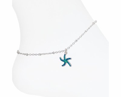 Silver Toned and Blue Glitter Starfish Anklet
