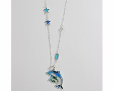 Silver Toned, Blue, and Green Dolphin Necklace