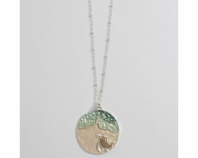 Silver Toned and Baby Sea Turtle Disk Necklace