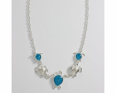 Silver Toned and Ocean Blue Sea Turtles Necklace