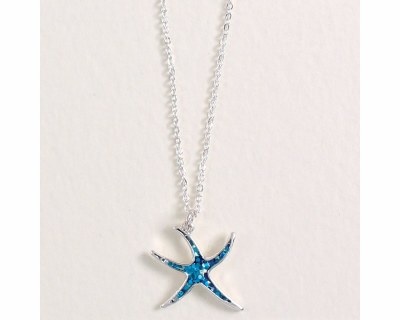 18" Silver Toned and Blue Glitter Starfish Necklace