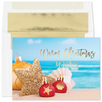 Box of 16 8" x 6" "Warm Christmas Wishes" Ornaments on the Beach Christmas Cards