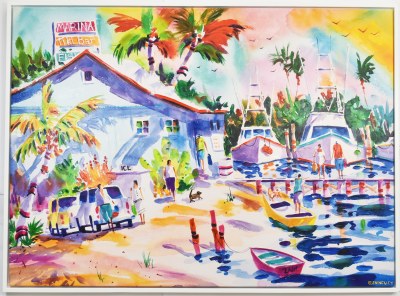 44" x 60" Light Blue Building and Dock Canvas in a White Frame