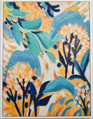 52" x 40" Blue and Orange Abstract Flowers Canvas in a White Frame
