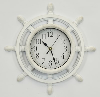 13" Round Distressed White Ship Wheel Wall Clock