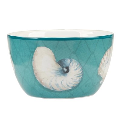 5" Round Teal Ceramic Nautilus and Scallop Shell Bowl