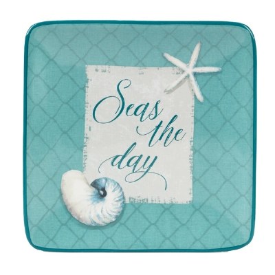 6" Sq Teal and White "Seas The Day" Ocean View Ceramic Plate