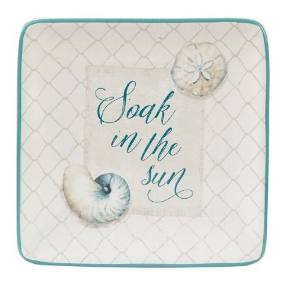 6" Sq White and Teal "Soak Up The Sun" Ocean View Ceramic Plate