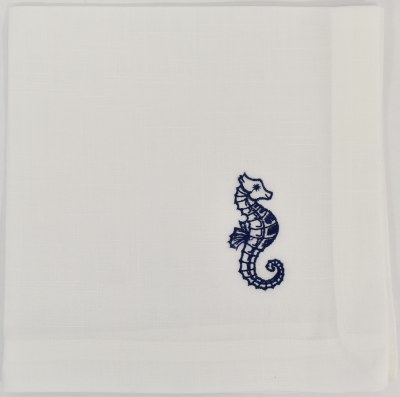 20" Sq White and Dark Blue Seahorse Cloth Coastal Napkin