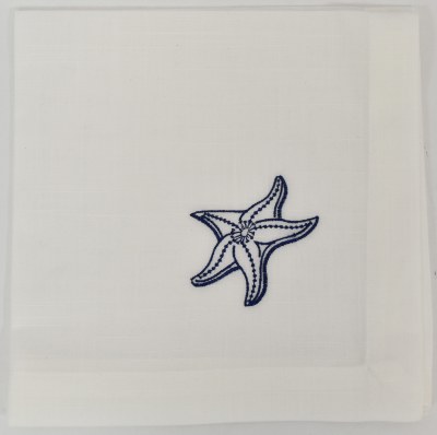 20" Sq White and Dark Blue Starfish Cloth Coastal Napkin