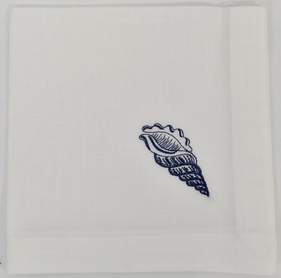 20" Sq White and Dark Blue Conch Shell Cloth Coastal Napkin