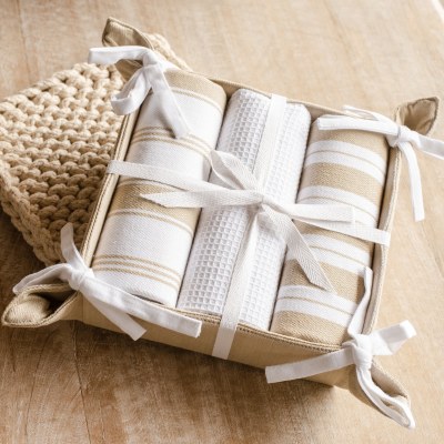 Set of Three Tan and White Kitchen Towels With a Holder