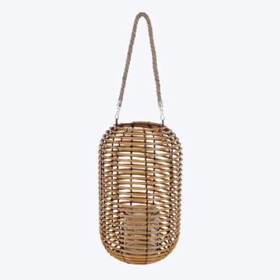 14" Natural and Black Rattan Lantern With a Glass Candleholder