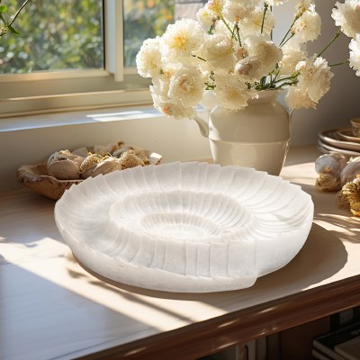 17" Round White Polyresin Spiral Bowl