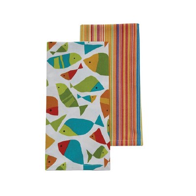 Set of Two Multicolor Fish and Stripe Kitchen Towels