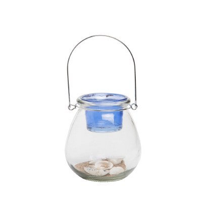 4" Clear and Blue Tealight Holder With Sand and Sea Shells