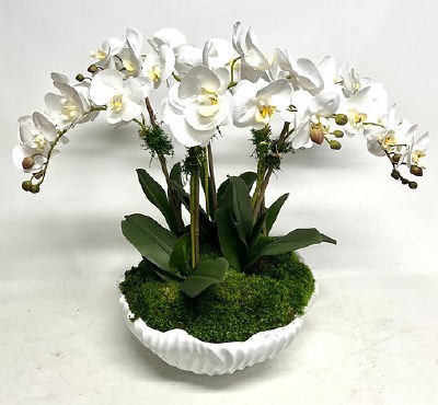 Five Faux White Orchids in a White Wavy Bowl