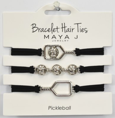 Set of Three Silver and Black Pickleball Theme Hair Tie Bracelets
