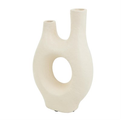 14" Cream Paper Mache Two Opening Vase With a Hole in the Center