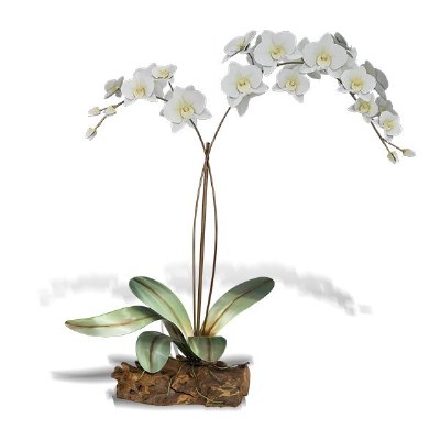 30" White Metal Phalaenopsis Orchids on a Root Wood Base Sculpture MM924W
