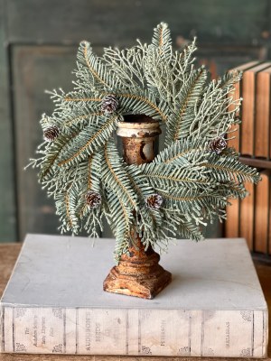 4" Opening Faux Frost Green Pine Mix Candle Ring