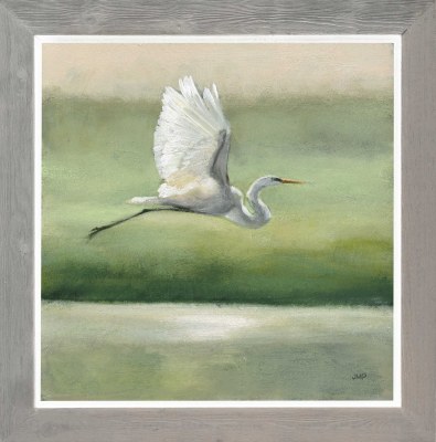 41" Sq White Heron Flying Coastal Gel Textured Print in a Graywash Frame