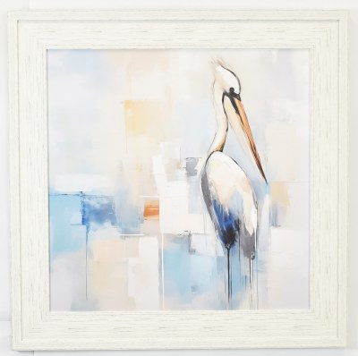 31" Sq Blue Abstract Heron 2 Coastal Gel Textured Print in a Distressed White Frame