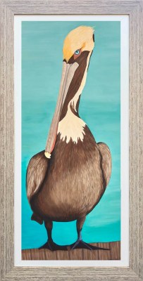 45" x 21" Brown Pelican on Turquoise Coastal Gel Textured Print in a Distressed Natural Frame