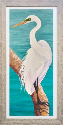 45" x 24" White Egret on Turquoise Coastal Gel Textured Print in a Distressed Natural Frame