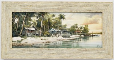 11" x 21" Sunset Haven Coastal Gel Textured Print in a Distressed Sand Frame