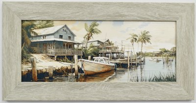 11" x 21" Dockside Tales 1 Coastal Gel Textured Print in a Gray Frame