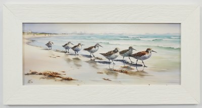 11" x 21" Beach Goers Sandpipers Coastal Gel Textured Print in a White Frame
